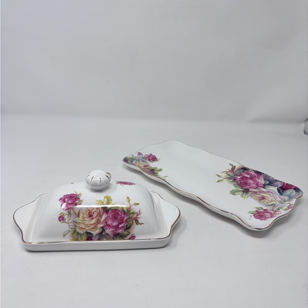 Pretty Floral Porcelain Butter Dish and Serving Tray Set - Pink Roses -